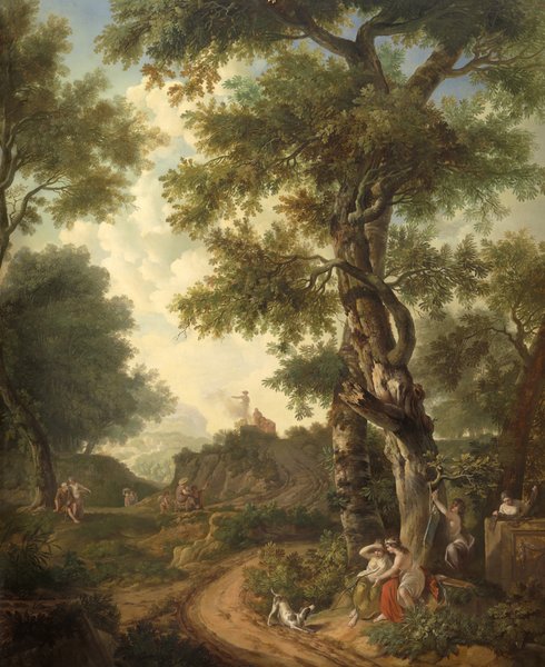 Arcadisch landschap met reizigers
