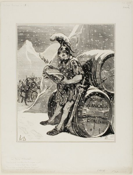 Hannibal's Crossing. These lofty mountains where the crested snow resembles the white forehead of a giant trembles to forge a road, with a triumphant song Hannibal turned the Alps into cornichon. (Les Occidentals by Mr. Quinet), plate 28 from Histoire Ancienne