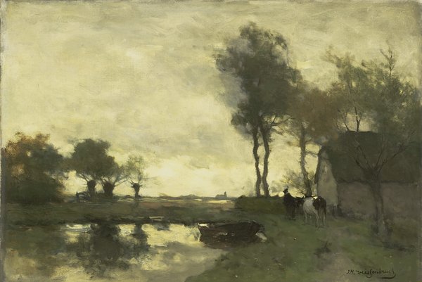 Landschap met boerderij bij een plas