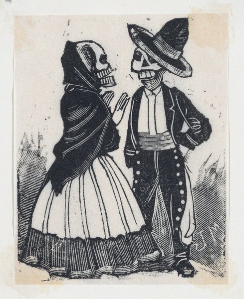 A male and female skeleton talking (vignette for the feast of the dead)